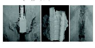 Cover splitting failure of NSM round bars a) concrete cracking b)concrete cracking accompanied by longitudinal splitting of the adhesive c) splitting of the adhesive